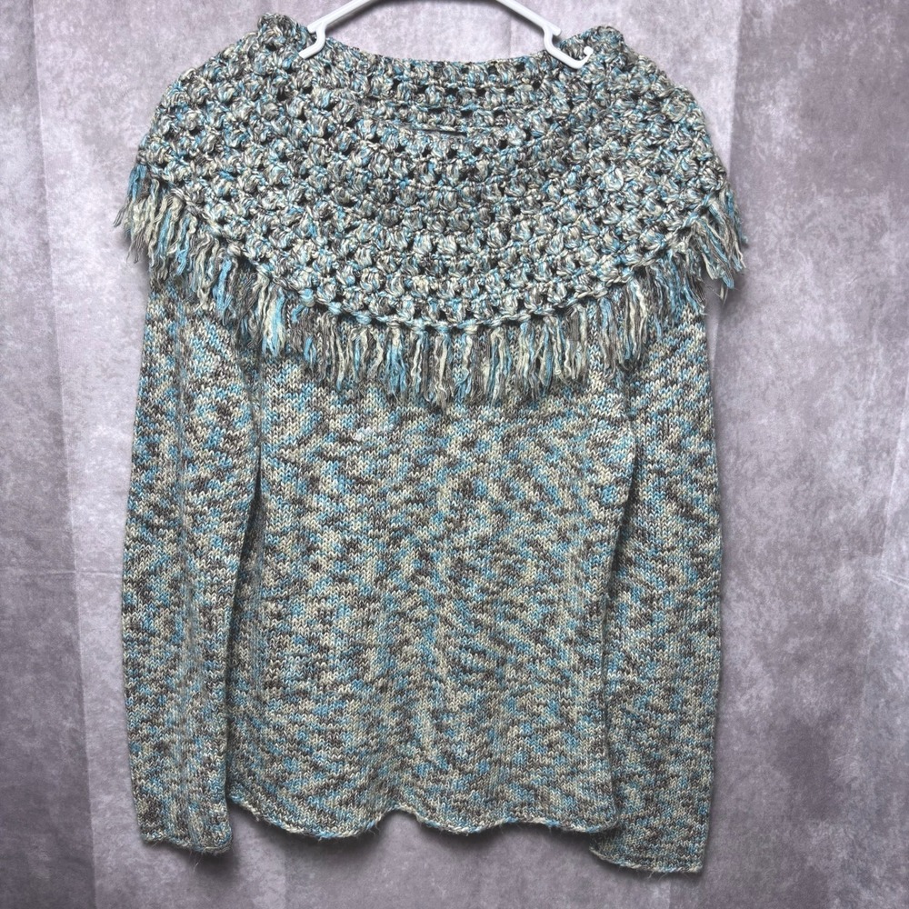 Women's Spanner‎ Crochet Fringe Sweater Cowl Neck Size XL Winter Blue Tan Gray